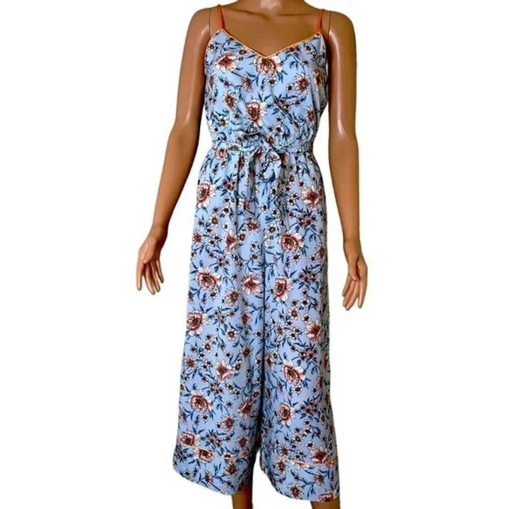 Leith Womens Kelsey Floral Wide Leg Jumpsuit Belt Lined Spring Wedding XXS blue